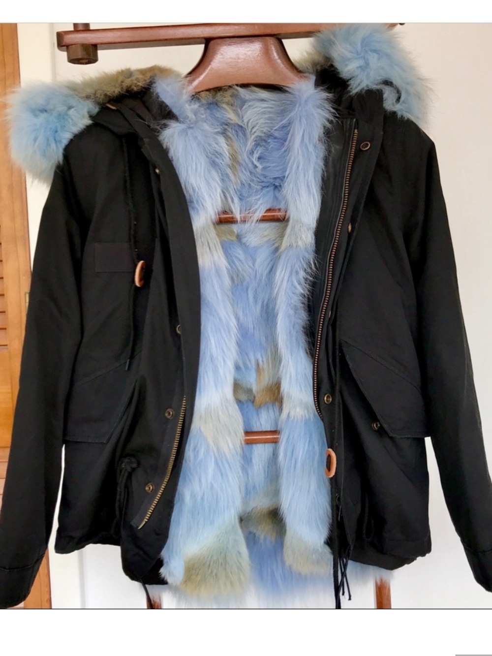 Real fur Parka Jacket with Light Blue real fox Fur Trim